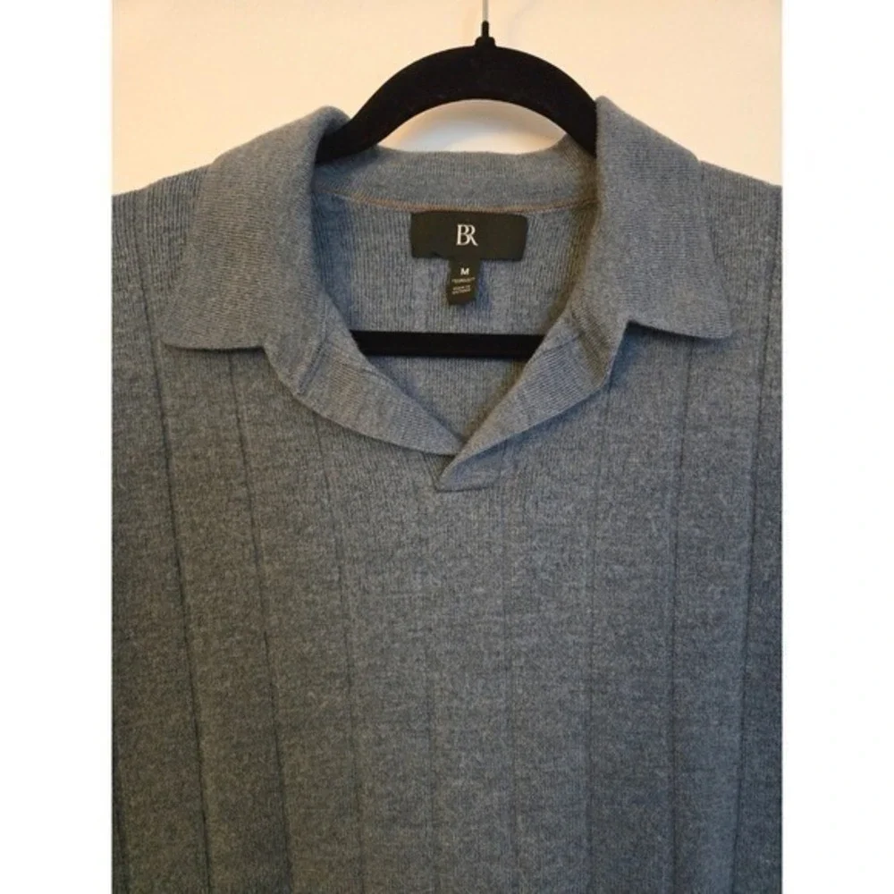 BR Ribbed Knit Polo Top Blue Short Sleeve Minimalist Quiet Luxury‎ Size M